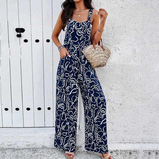 Fashion Print Square Neck Jumpsuit With Pockets Spring Summer Casual Loose Overalls Womens Clothing - MYLUXURY LANE ENTERPRISE