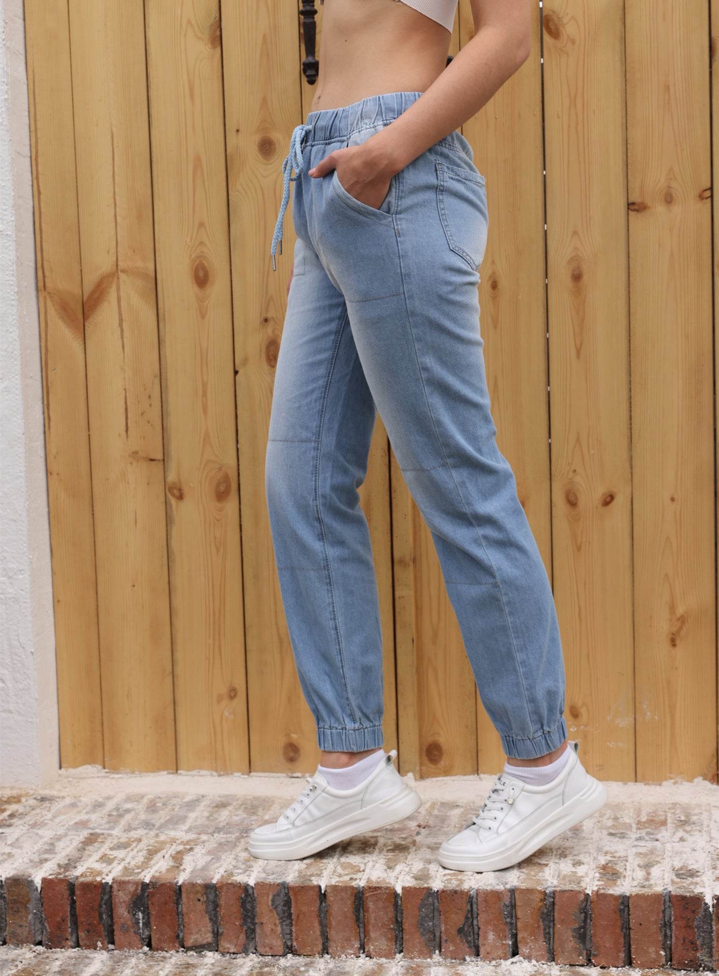 Casual Jeans Light Blue Elastic Waist String Trousers - MYLUXURY LANE ENTERPRISE