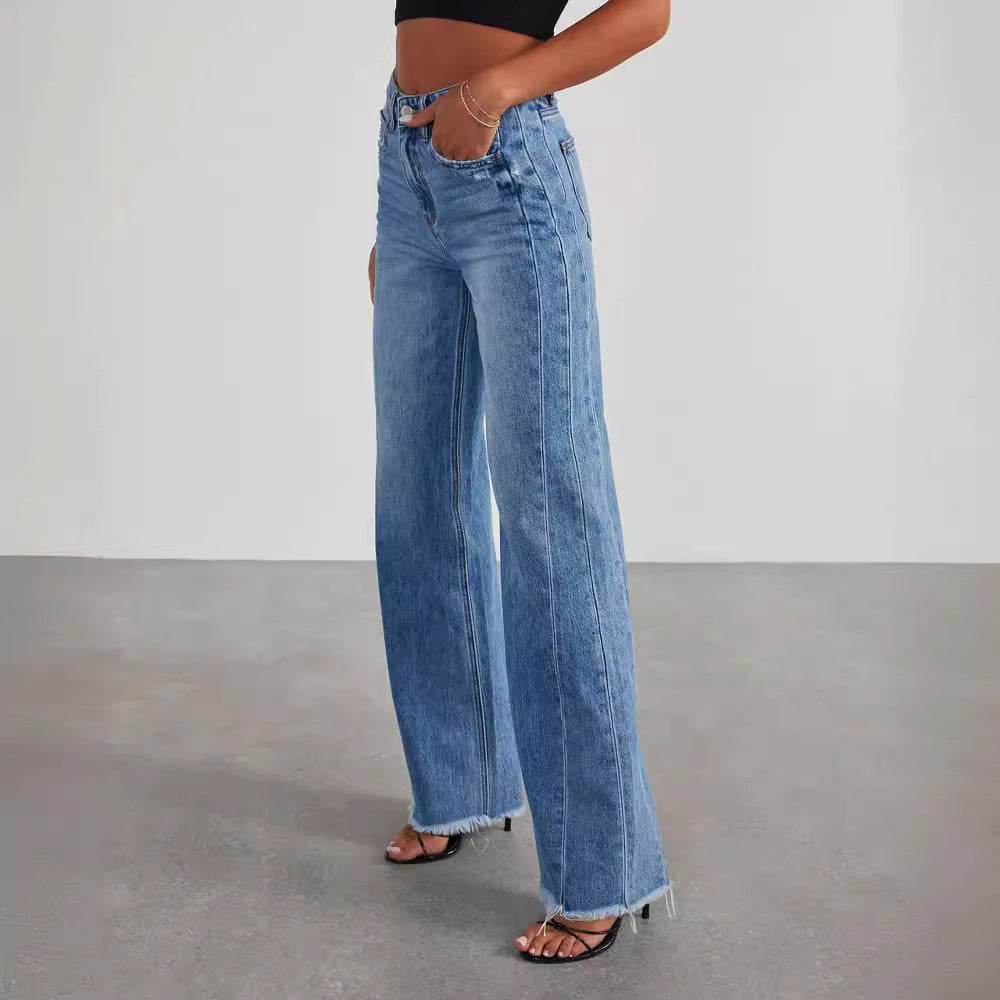 Women's Loose Wide-leg Side Seam Stitching Frayed Hem Jeans - MYLUXURY LANE ENTERPRISE