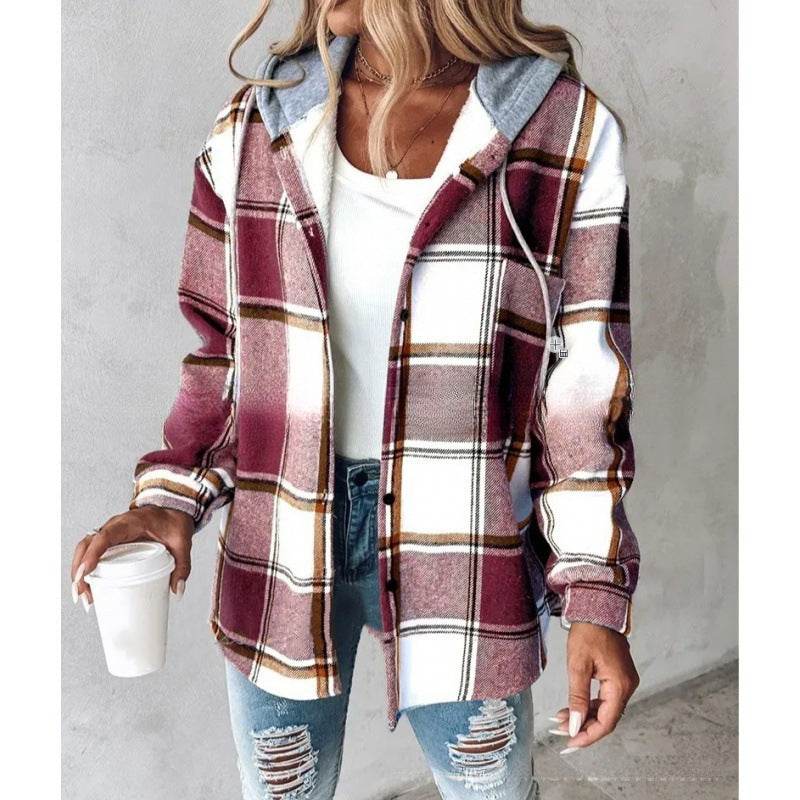 European And American Fashion Women's Wear Solid Color Plaid Hooded Jacket - MYLUXURY LANE ENTERPRISE