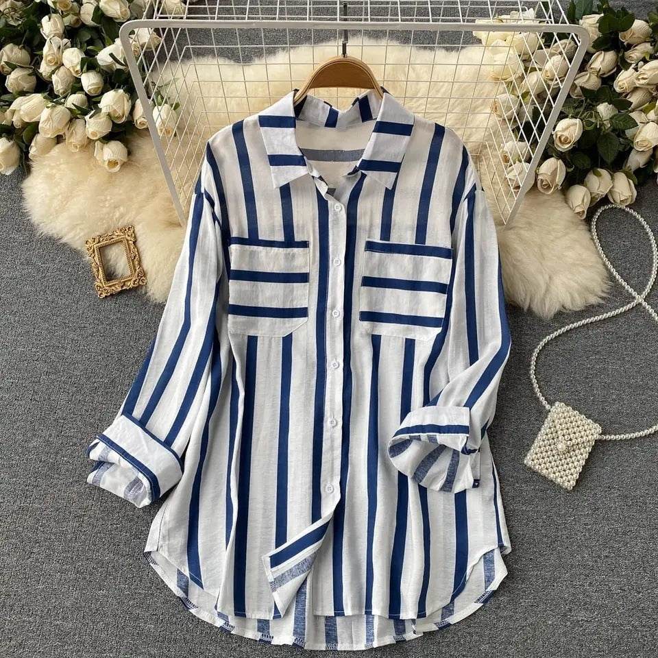 Mid-length Vertical Stripes Multi-color Shirt Coat Casual Loose Top - MYLUXURY LANE ENTERPRISE
