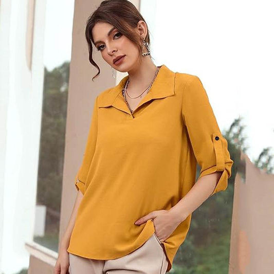 Polo Collar Casual Loose Three-quarter Sleeve Top - MYLUXURY LANE ENTERPRISE