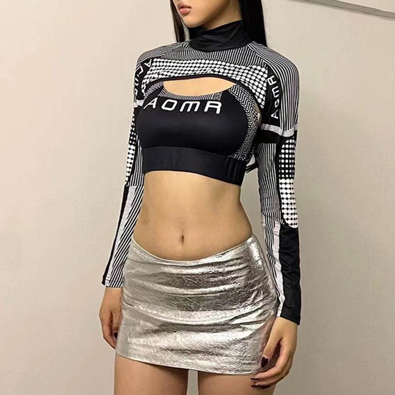 Car Line Print Blouse Short Top Hot Girl Outdoor Wear Personality Turtleneck Long Sleeve T-shirt Two-piece Set - MYLUXURY LANE ENTERPRISE