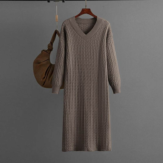 Knitting Dress V-neck Twist Bottoming Sweater Skirt Slit In The Back - MYLUXURY LANE ENTERPRISE