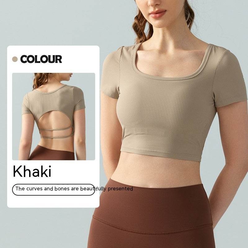Women's Square Collar Backless Sports T-shirt With Chest Pad Running Fitness Top - MYLUXURY LANE ENTERPRISE