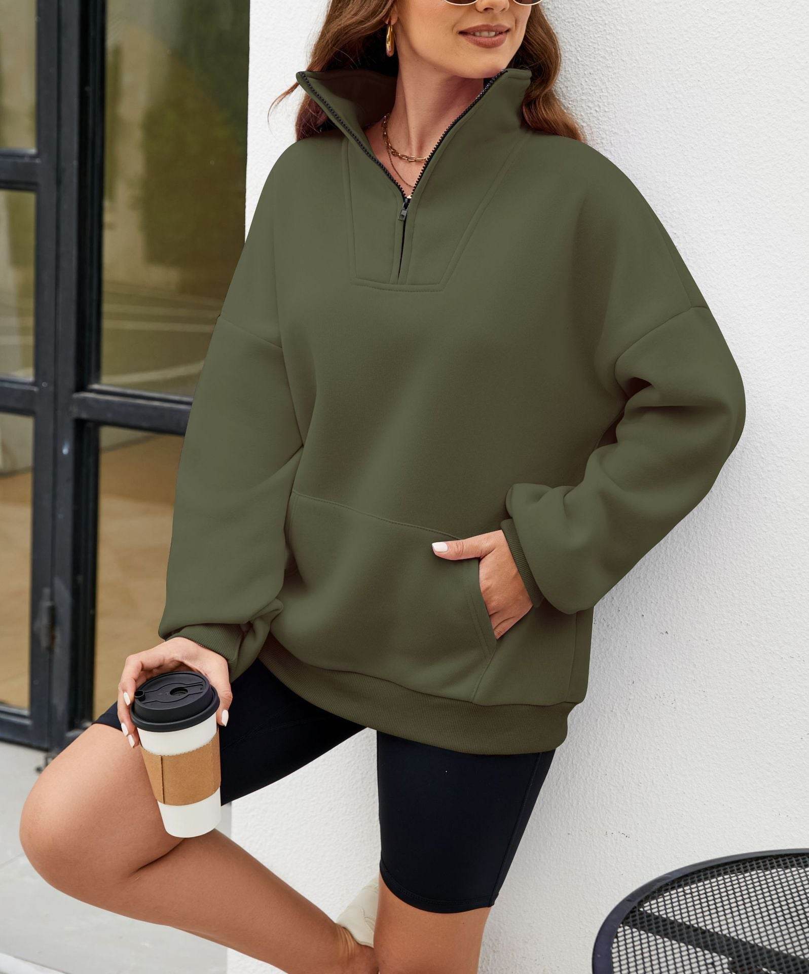 Y2K Solid Color Stand Collar With Pocket Zipper Sweatshirt Casual Sports Loose Top Women's Clothing - MYLUXURY LANE ENTERPRISE