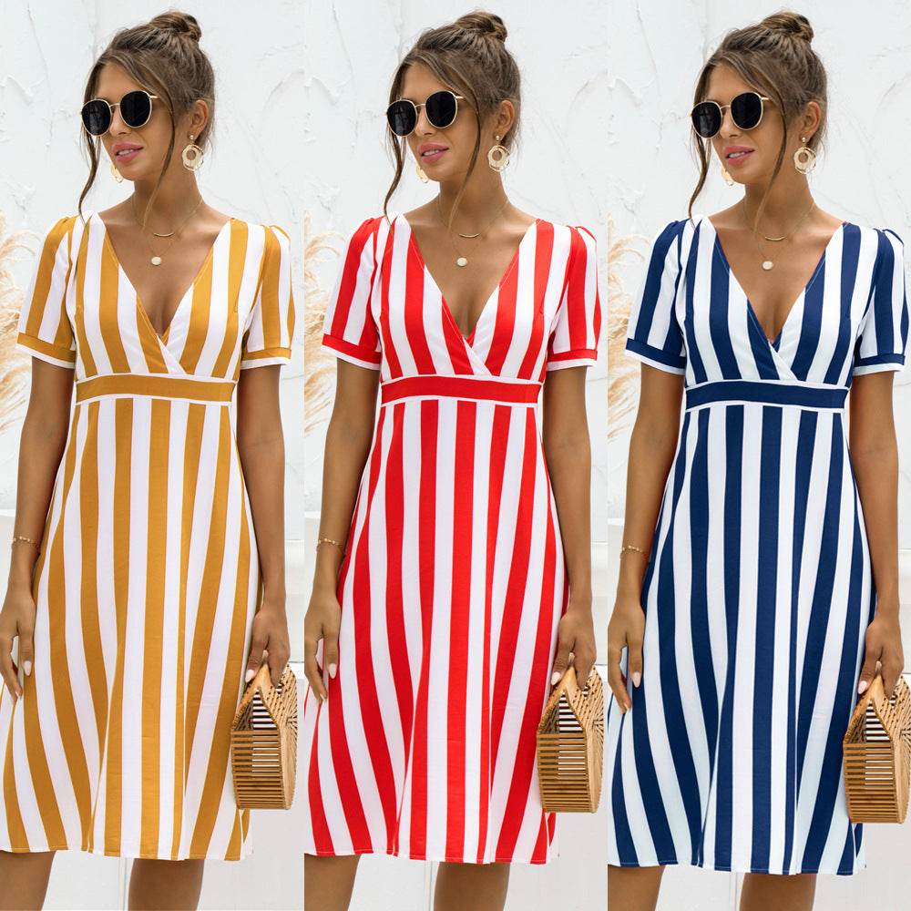 Printed V-neck Striped Short Sleeve Dress - MYLUXURY LANE ENTERPRISE