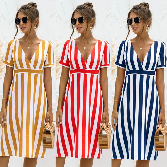 Printed V-neck Striped Short Sleeve Dress - MYLUXURY LANE ENTERPRISE