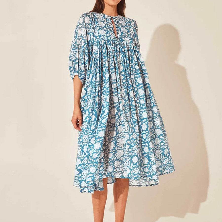 New Floral Fashion Women's Loose Large Size Casual Summer Dresses With Medium Sleeves - MYLUXURY LANE ENTERPRISE