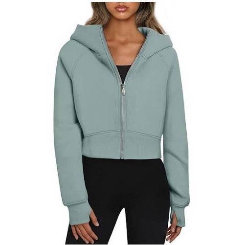 Women's Hooded Zipper Short Velvet Long Sleeve Sweatshirt - MYLUXURY LANE ENTERPRISE