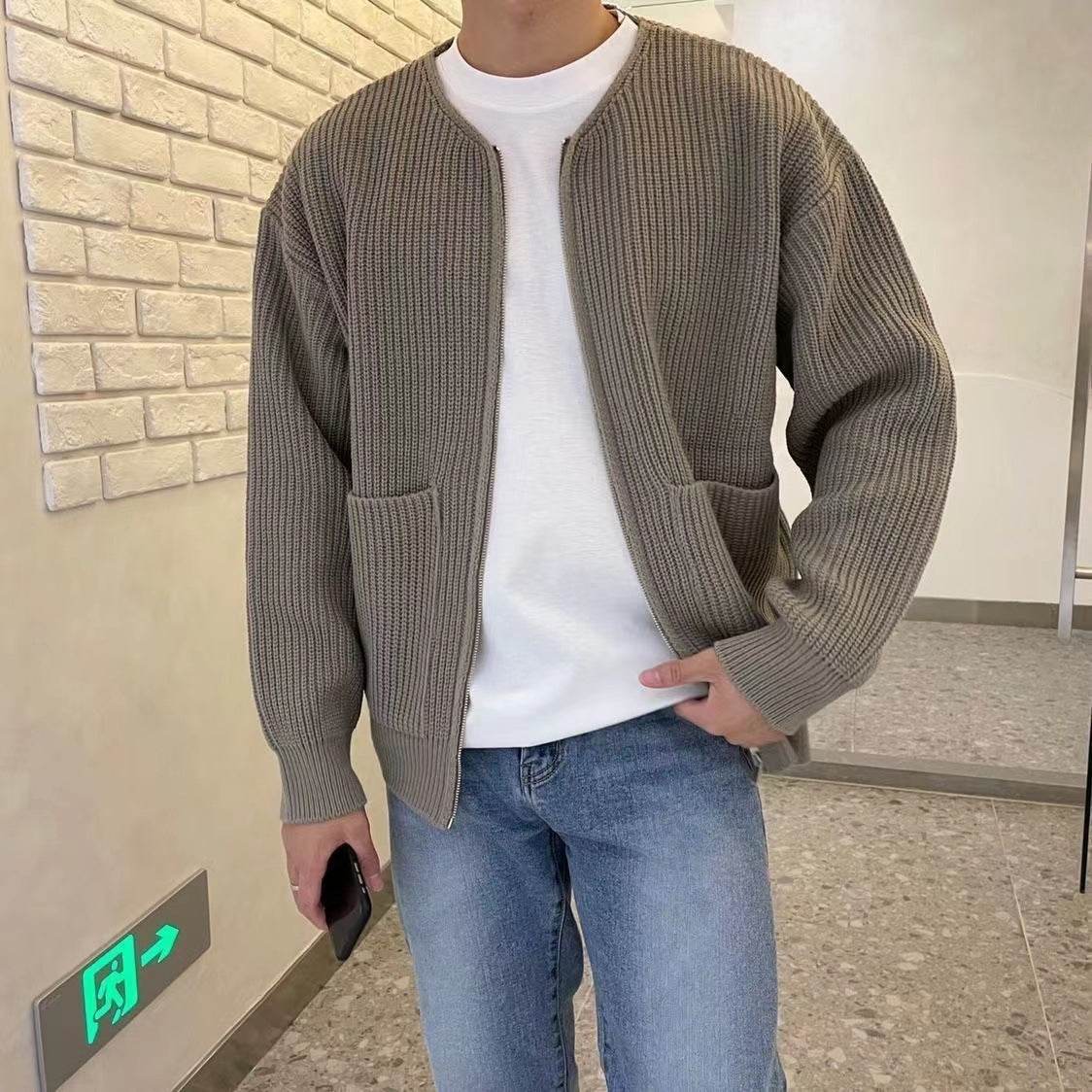 Men Zip Up Knitted Cardigan Lined Funnel Neck Jumper Sweater Pockets Coat All Seasons Comfortable Soft Long Sleeve - MYLUXURY LANE ENTERPRISE