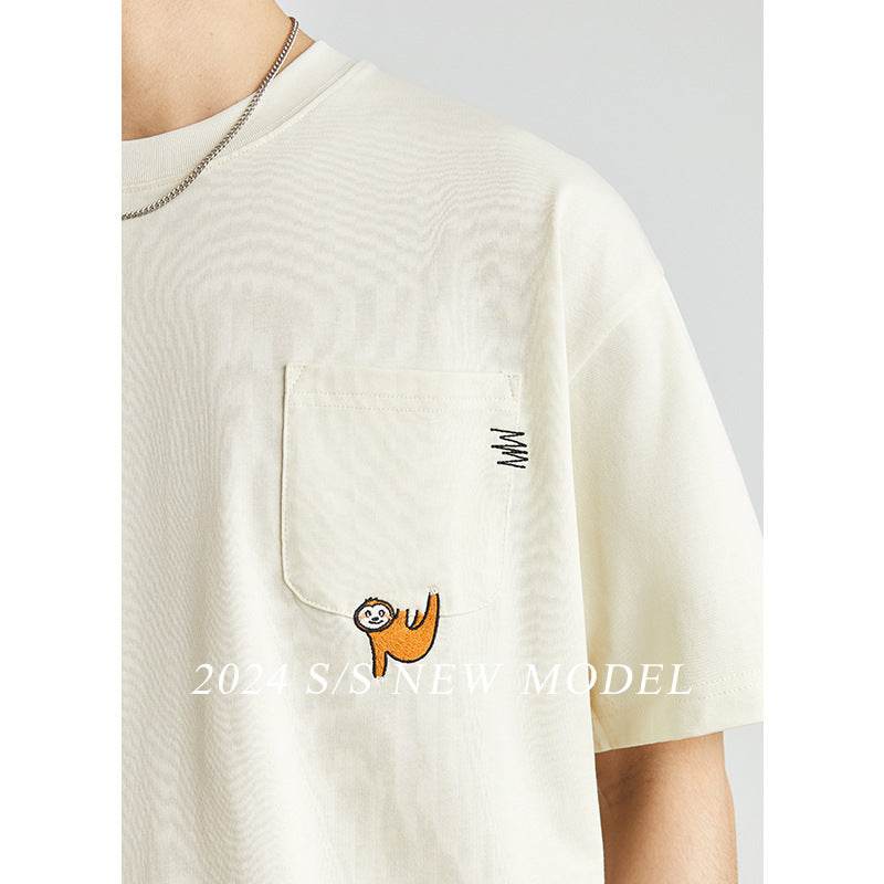 Embroidered Crew Neck T-shirt Cotton Double Yarn Loose - MYLUXURY LANE ENTERPRISE