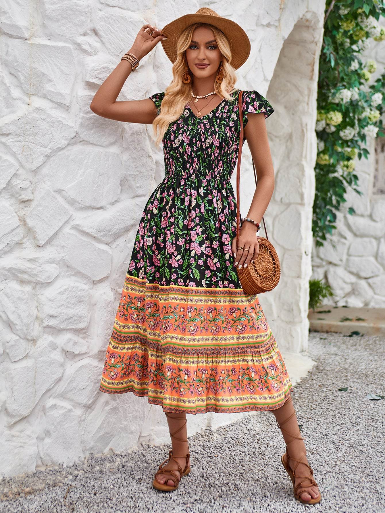 New Flowers Print V-neck Dress Summer Casual Ruffle Sleeveless Dresses Bohemian Holiday Beach Dress For Womens Clothing - MYLUXURY LANE ENTERPRISE