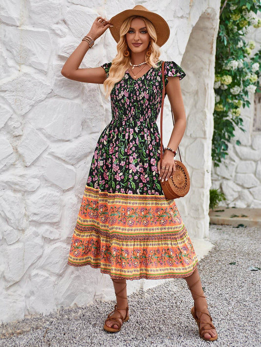New Flowers Print V-neck Dress Summer Casual Ruffle Sleeveless Dresses Bohemian Holiday Beach Dress For Womens Clothing - MYLUXURY LANE ENTERPRISE