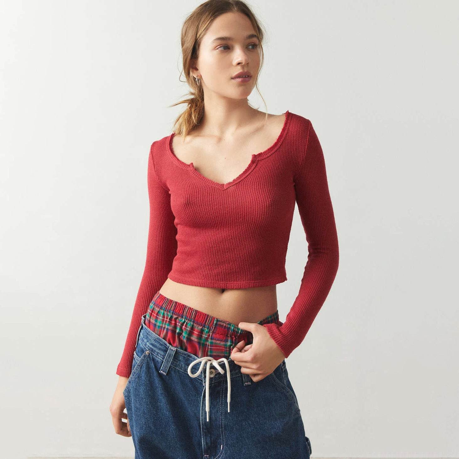 Women's Solid Color Ribbed Slim T-shirt V-neck - MYLUXURY LANE ENTERPRISE