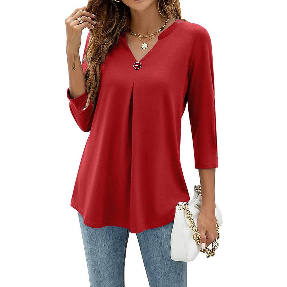 Women's V-neck Clinch Pleated T-shirt Top - MYLUXURY LANE ENTERPRISE