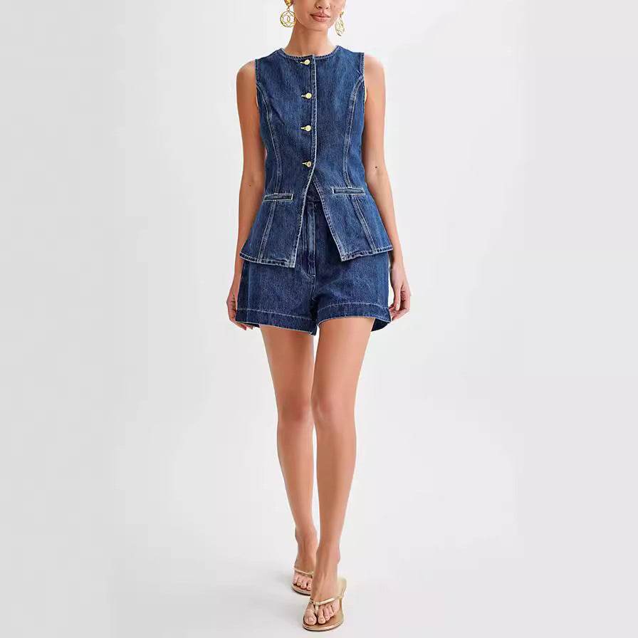 Fashion Denim Suit Summer Casual Sleeveless Button Vest Top And High Waist Shorts Set For Womens Clothing - MYLUXURY LANE ENTERPRISE