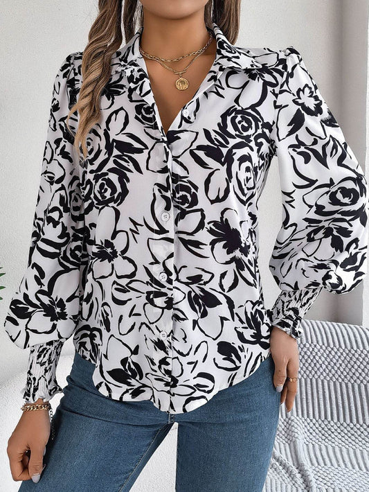 Elegant Contrast Color Flower Lantern Sleeve Lapel Shirt - MYLUXURY LANE ENTERPRISE