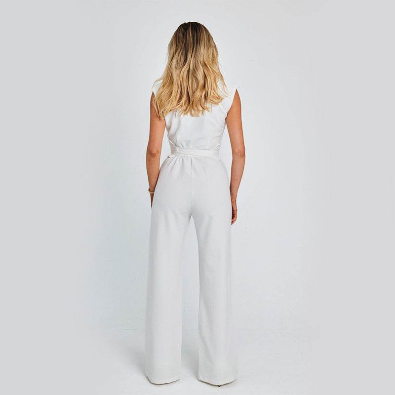Fashion Elegant Long Sleeveless Jumpsuit Summer V-neck Casual Wide Leg Long Overalls Clothing For Women - MYLUXURY LANE ENTERPRISE