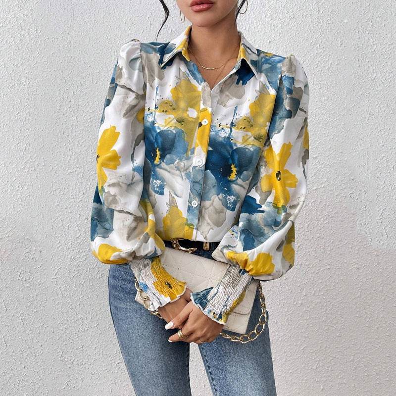 European And American Lapel Print Smocking Long Sleeve Button Loose Casual Women's Shirt - MYLUXURY LANE ENTERPRISE