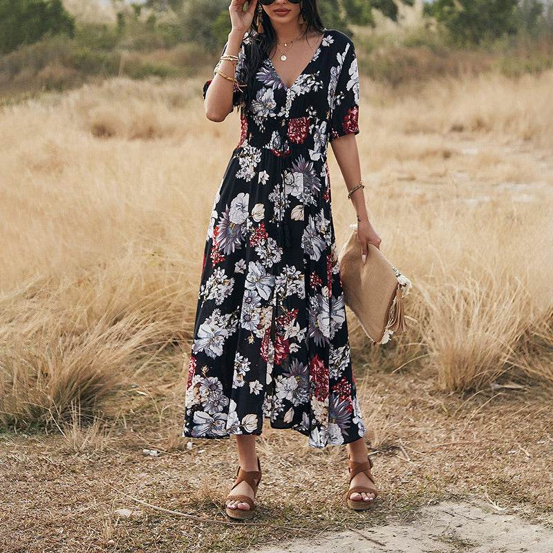 Floral Summer Beach Dress With V Neck Elastic Waist Dresses For Women - MYLUXURY LANE ENTERPRISE