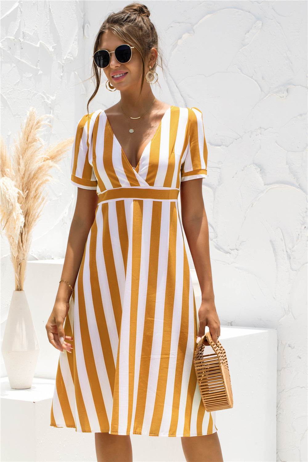 Printed V-neck Striped Short Sleeve Dress - MYLUXURY LANE ENTERPRISE