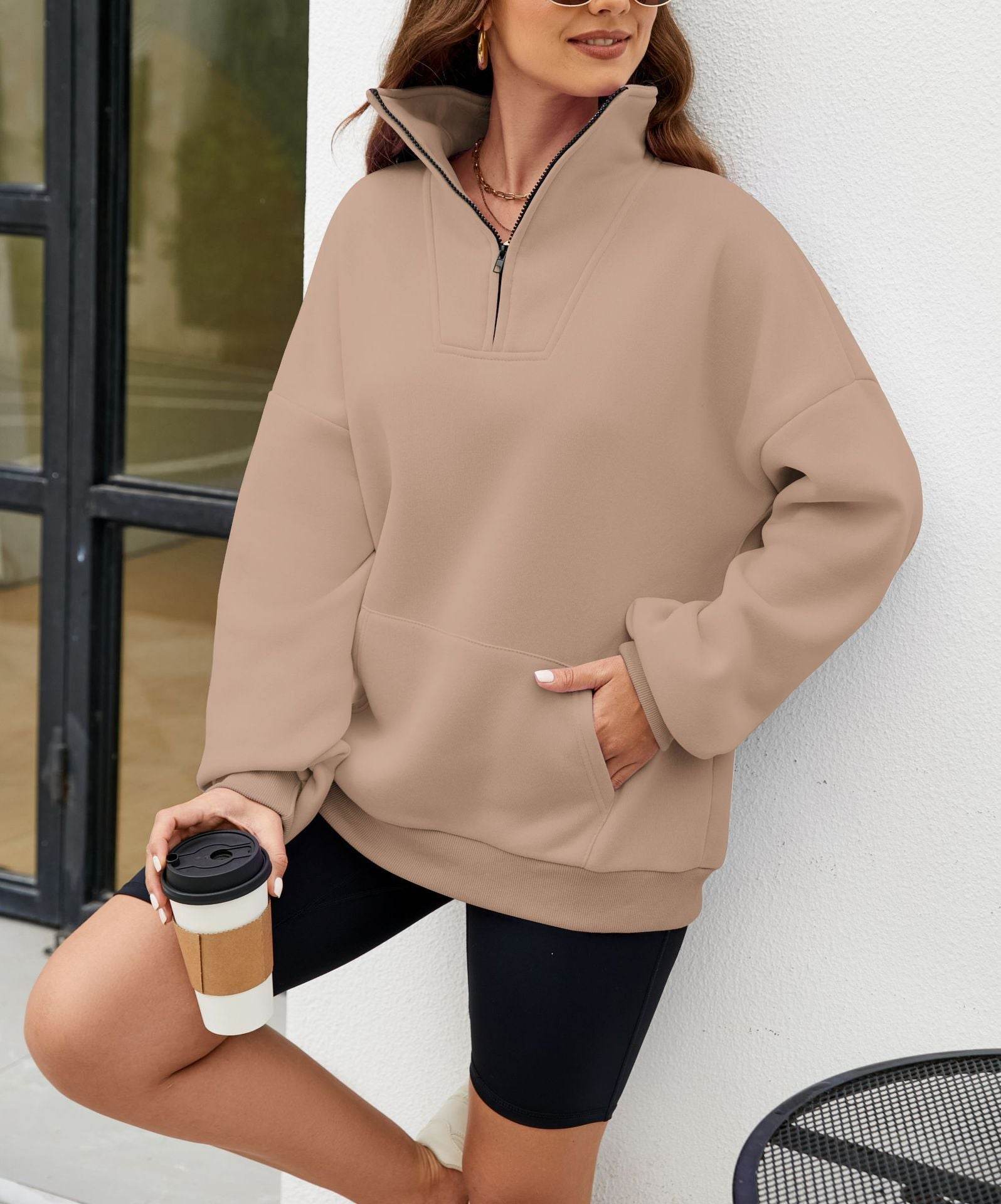 Y2K Solid Color Stand Collar With Pocket Zipper Sweatshirt Casual Sports Loose Top Women's Clothing - MYLUXURY LANE ENTERPRISE