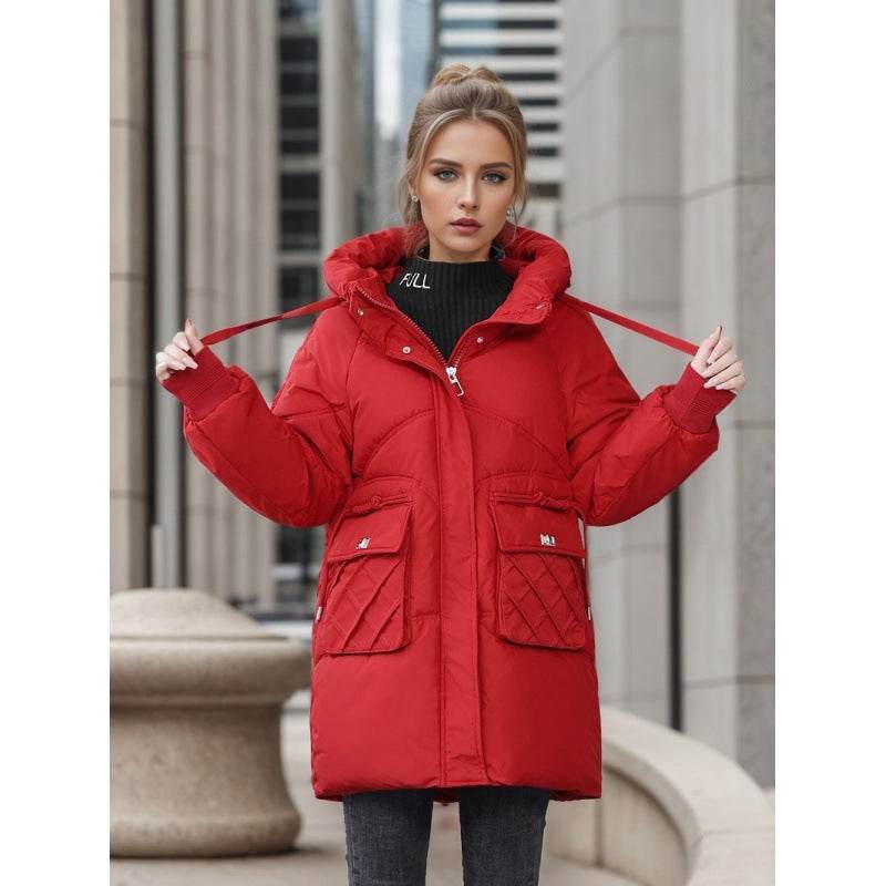 Winter Warm Hooded Coat With Pockets Fashion Solid Color Thicken Straight Cotton Jacket For Women Outerwear Clothing - MYLUXURY LANE ENTERPRISE