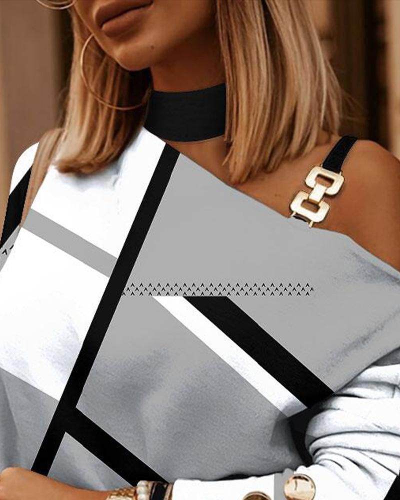 Long Sleeved Chain Neckline Printed Button Decoration Top - MYLUXURY LANE ENTERPRISE