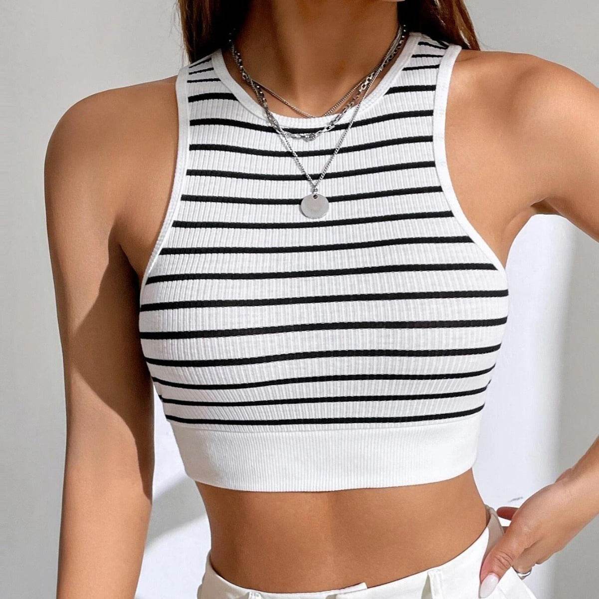 Black And White Striped Short Style Outer Wear Slim Sleeveless Vest - MYLUXURY LANE ENTERPRISE