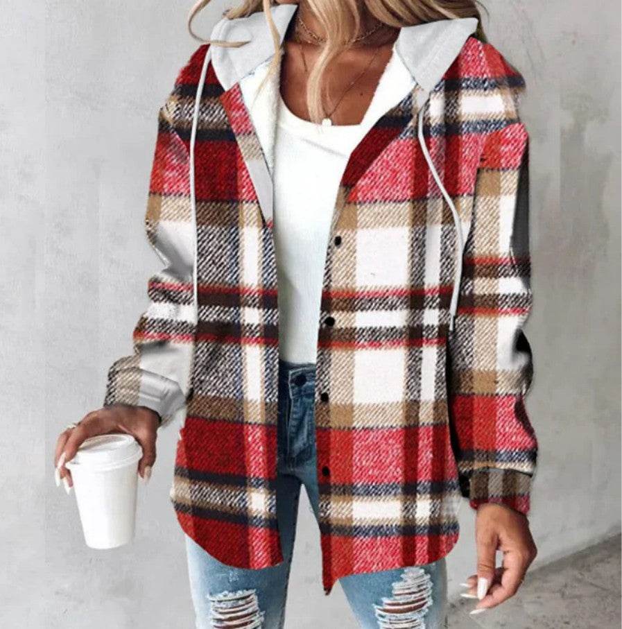 European And American Fashion Women's Wear Solid Color Plaid Hooded Jacket - MYLUXURY LANE ENTERPRISE