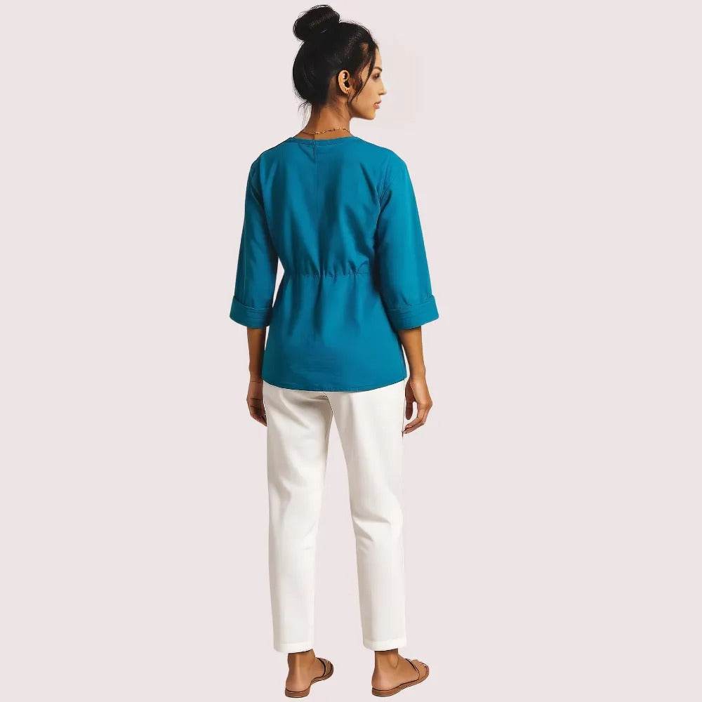 Teal Pintuck Detail Cotton Tunic Top - MYLUXURY LANE ENTERPRISE