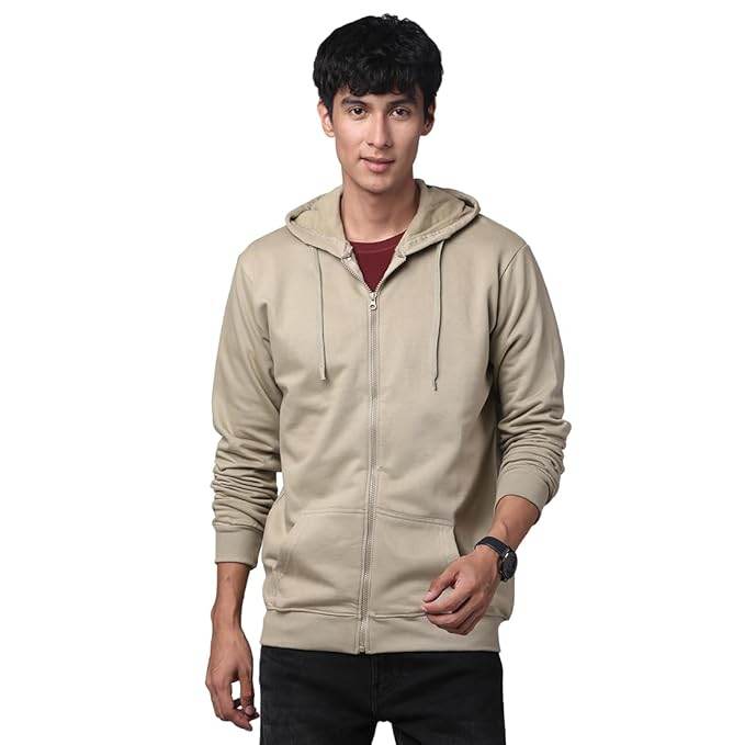 Mens Solid Zipper Beige Hoodie - MYLUXURY LANE ENTERPRISE