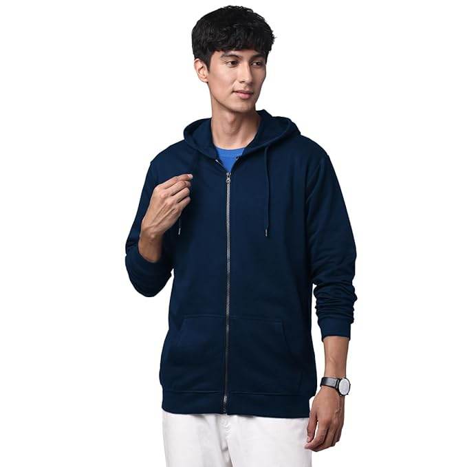 Mens Solid Zipper Navy Blue Hoodie - MYLUXURY LANE ENTERPRISE