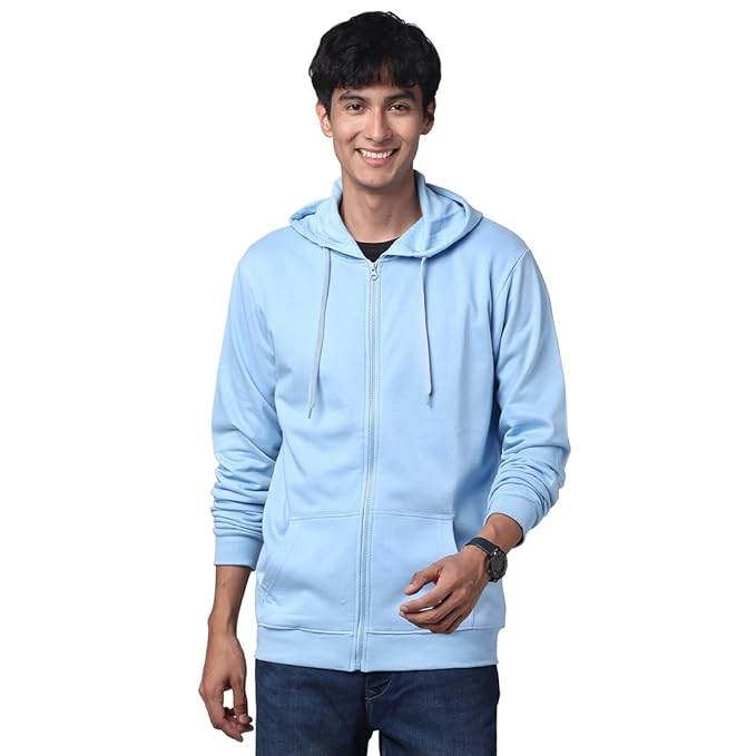 Mens Solid Zipper Sky Blue Hoodie - MYLUXURY LANE ENTERPRISE