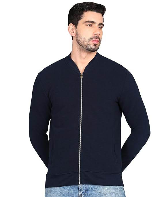 Men Solid Front Zipper Navy Blue Jacket - MYLUXURY LANE ENTERPRISE