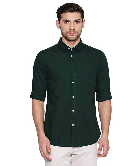 Men Solid Cotton Casual Dark Green Shirt - MYLUXURY LANE ENTERPRISE