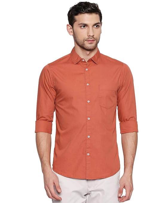 Men Solid Cotton Casual Orange Shirt - MYLUXURY LANE ENTERPRISE