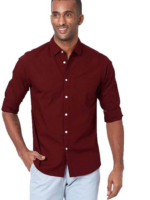 Men Solid Cotton Casual Maroon Shirt - MYLUXURY LANE ENTERPRISE