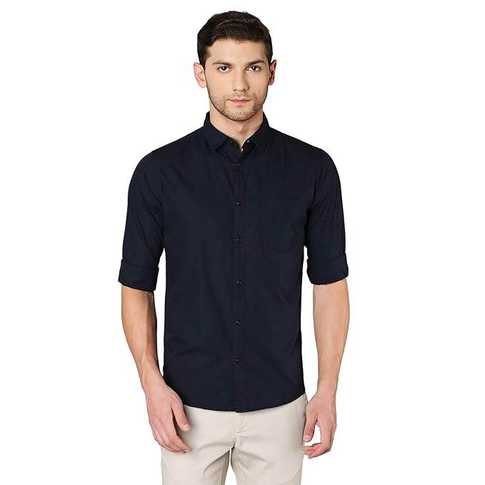 Men Solid Cotton Casual Navy Blue Shirt - MYLUXURY LANE ENTERPRISE