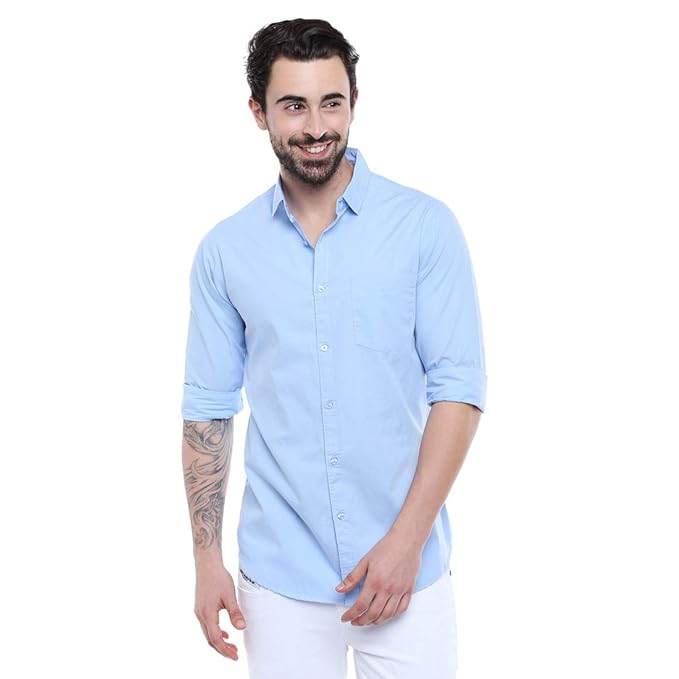 Men Solid Cotton Casual Sky Blue Shirt - MYLUXURY LANE ENTERPRISE