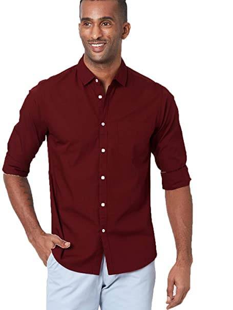 Men Solid Cotton Casual Dark Red Shirt - MYLUXURY LANE ENTERPRISE