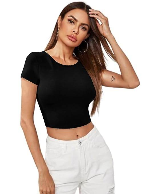 Women Short Sleeves Black Crop Top - MYLUXURY LANE ENTERPRISE