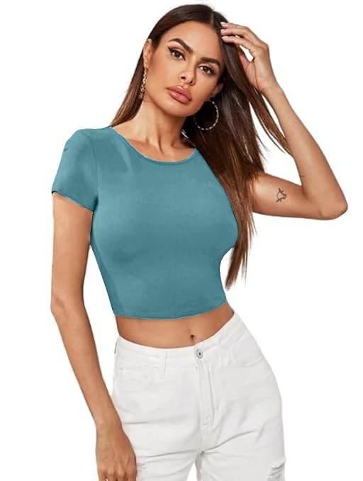 Women Short Sleeves Blue Crop Top - MYLUXURY LANE ENTERPRISE