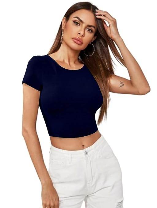 Women Short Sleeves Navy Blue Crop Top - MYLUXURY LANE ENTERPRISE