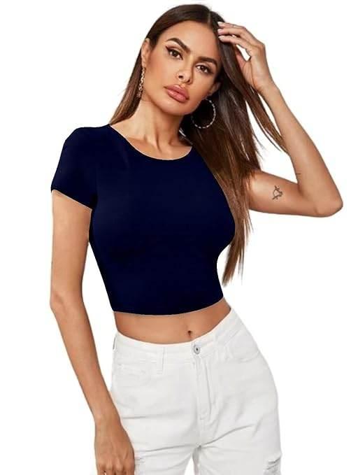 Women Short Sleeves Navy Blue Crop Top - MYLUXURY LANE ENTERPRISE