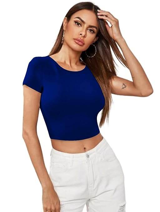 Women Short Sleeves Royal Blue Crop Top - MYLUXURY LANE ENTERPRISE