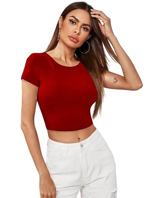 Women Short Sleeves Red Crop Top - MYLUXURY LANE ENTERPRISE