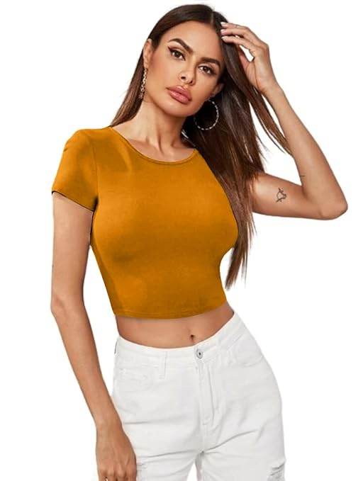 Women Short Sleeves Turmeric Yellow Crop Top - MYLUXURY LANE ENTERPRISE