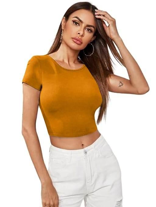 Women Short Sleeves Turmeric Yellow Crop Top - MYLUXURY LANE ENTERPRISE